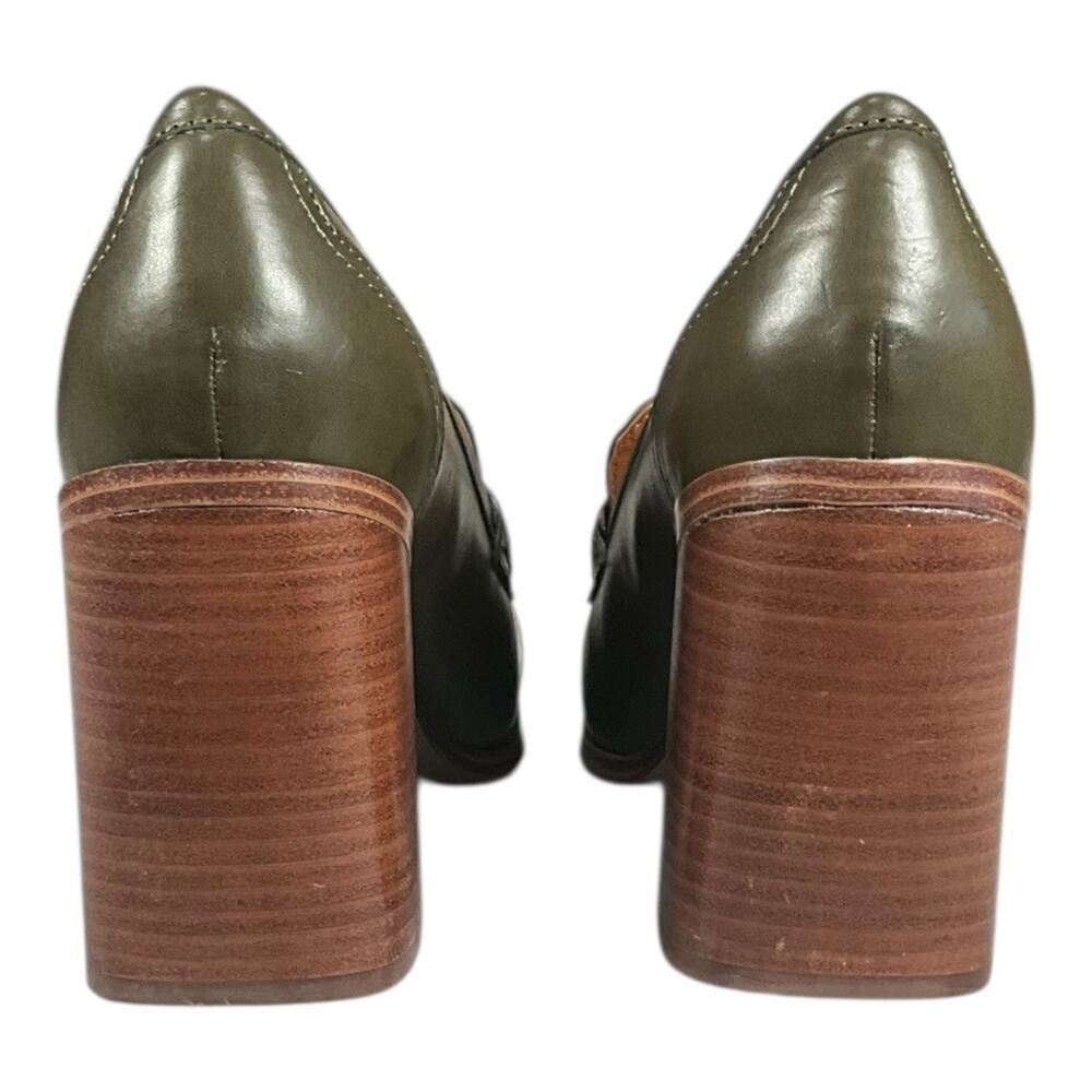 Marc Fisher Olive Green Chunky Heel Loafer Pumps Size 7.5 Fringe Preppy Block - Picture 3 of 12